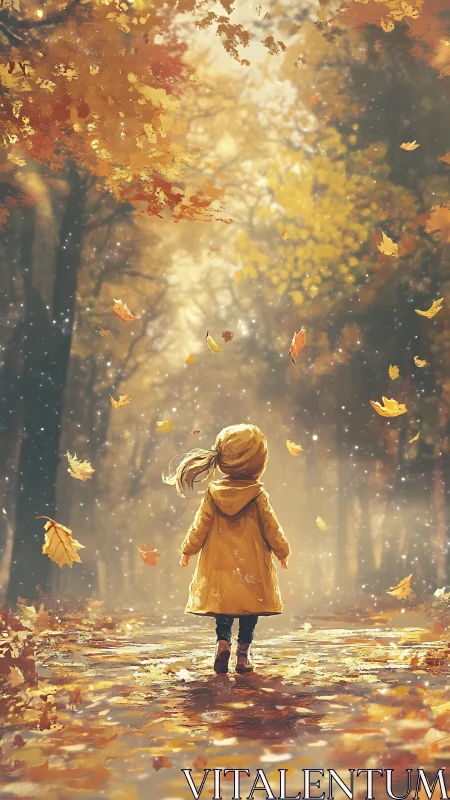Child in yellow coat wandering through glowing autumn forest.