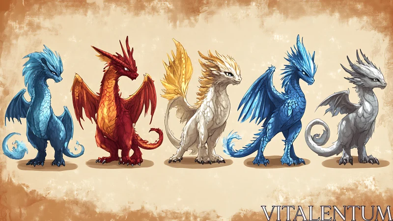 Five elemental baby dragons stand in a horizontal lineup