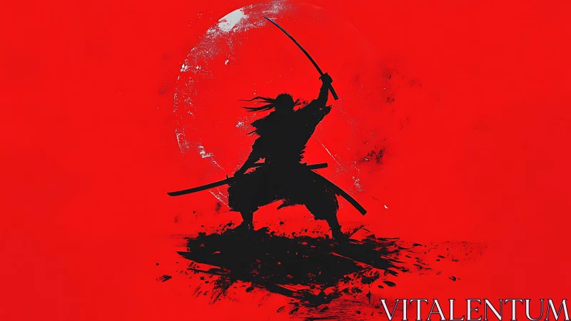 Samurai silhouette with raised katana on red battlefield.