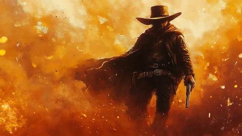 Lone gunslinger strides through blazing dust and fire