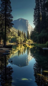 Steep granite cliff over river with clear mirror reflection.