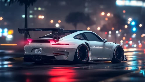 Widebody GT3 RS rendered on wet neon street with bokeh lighting