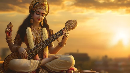 Serene goddess musician in golden sunset digital painting.
