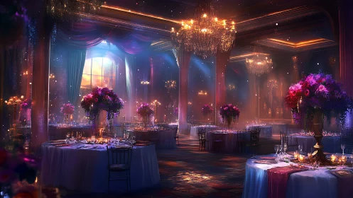 Moonlit ballroom glows as elegant tables await guests