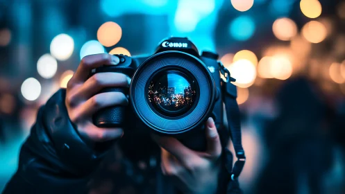 Canon DSLR Camera Lens Framing Cityscape Bokeh.