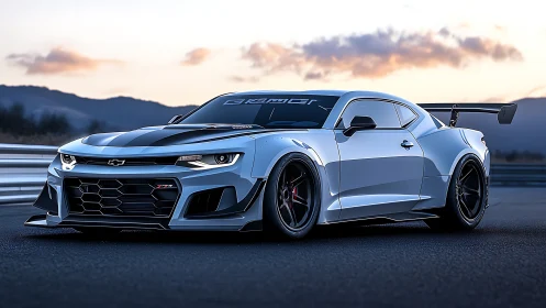 Widebody track-spec Chevrolet coupe with aero kit at dusk.