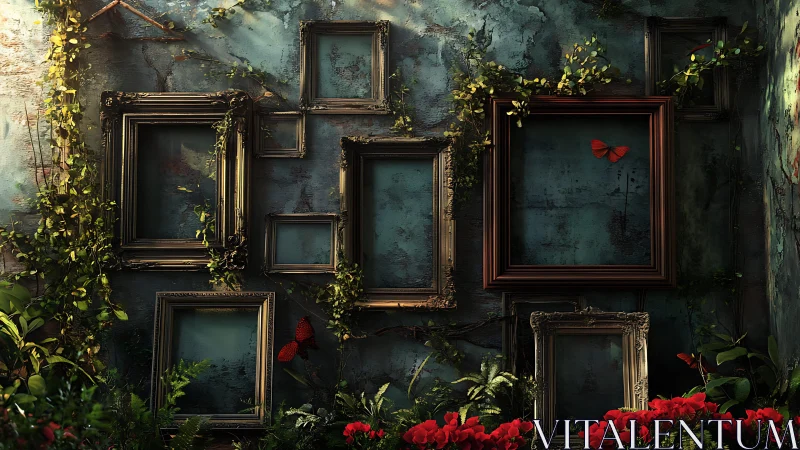 Empty vintage frames on ivy wall with red butterflies.