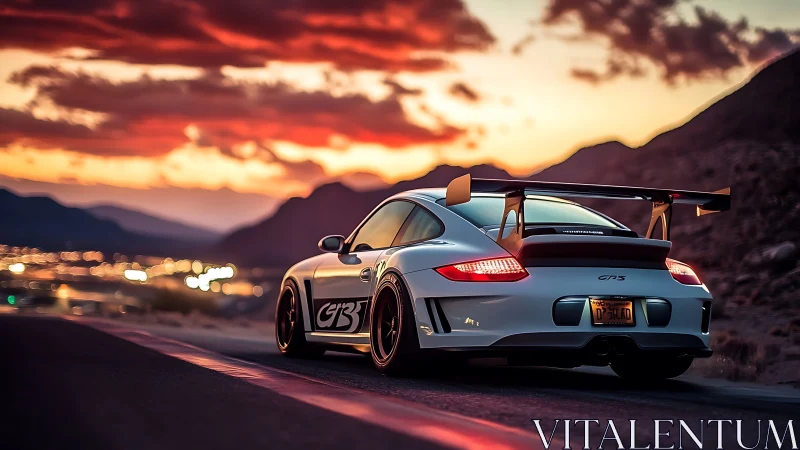 Track-tuned Porsche GT3 races through desert highway at dusk