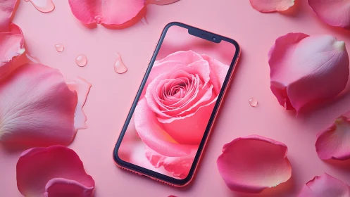 Pink smartphone with rose display among scattered petals.
