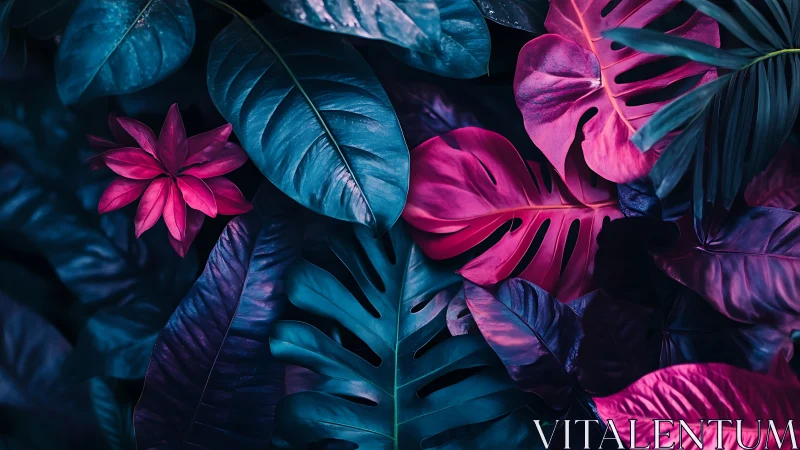 Neon-toned tropical foliage with contrasting leaf structures.