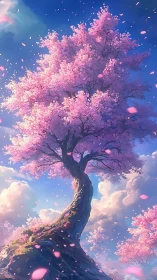 Majestic cherry blossom tree under glowing spring sky.