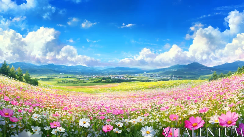 Vast flower meadow under clear blue sky and clouds.