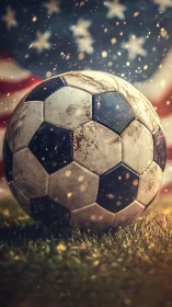 Weathered soccer ball on grass before defocused US flag background
