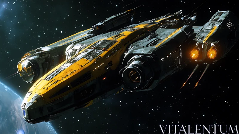 Bold yellow starship glides through deep space on patrol