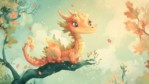 Small pastel dragon resting on a tree branch in light.