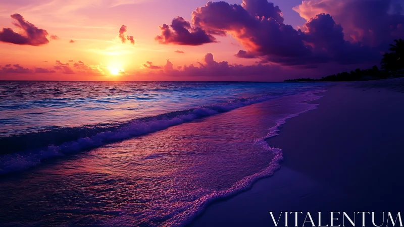 Gentle sunset waves washing a peaceful violet shoreline.