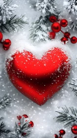 Snowy red heart nestled in winter pine and berries.