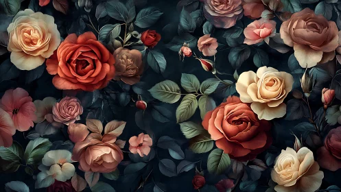 Dense Floral Arrangement with Roses in Warm and Cool Tones