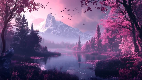 Iridescent alpine lake landscape renders surreal magenta forest