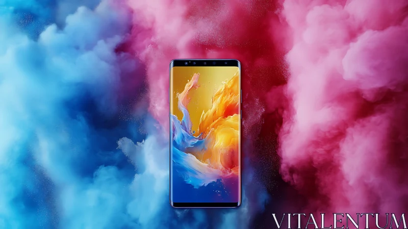 Vibrant smartphone floats amid swirling pink and blue clouds