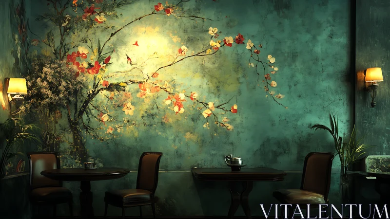 Cozy teal caf&eacute; corner wrapped in blooming painted branches.