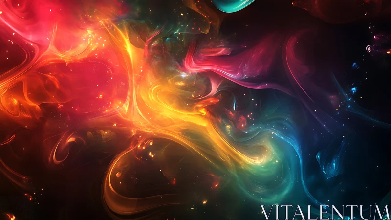 Multicolor swirling nebula forms on dark cosmic background.