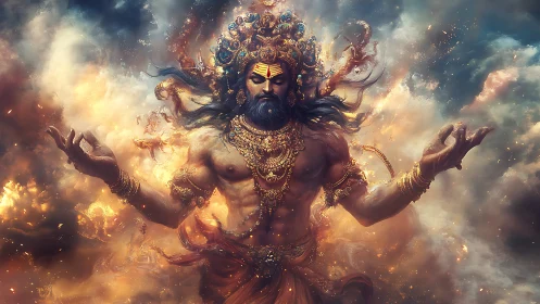 Celestial fire guardian in swirling cosmic meditation.