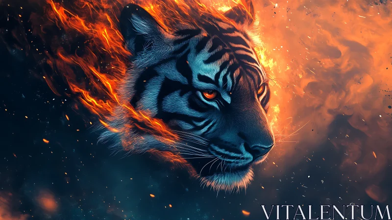Tiger head rendered in blue light with surrounding orange fire
