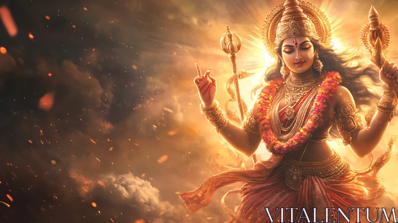 Radiant Hindu goddess figure in golden divine light.