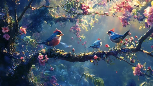 Springlit songbirds trade secrets on a blossom-laced branch