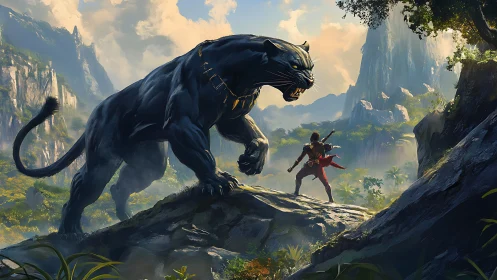 Panther's Ancient Gambit: Warrior Confronts Shadow Beast