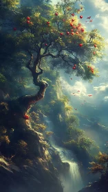 Twisting apple tree crowns misty cliffs above cascading falls