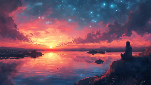 Solitary figure watches luminous sunset across calm lake