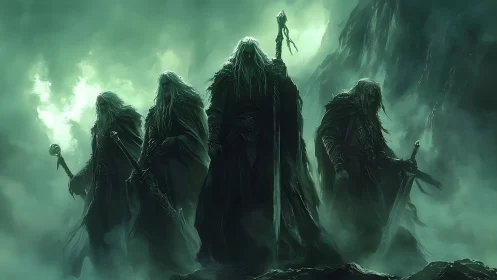 Ghostly dark riders emerge from emerald mountain mists.