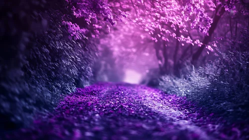 Luminescent Forest Tunnel with Neon Purple Foliage Canopy.