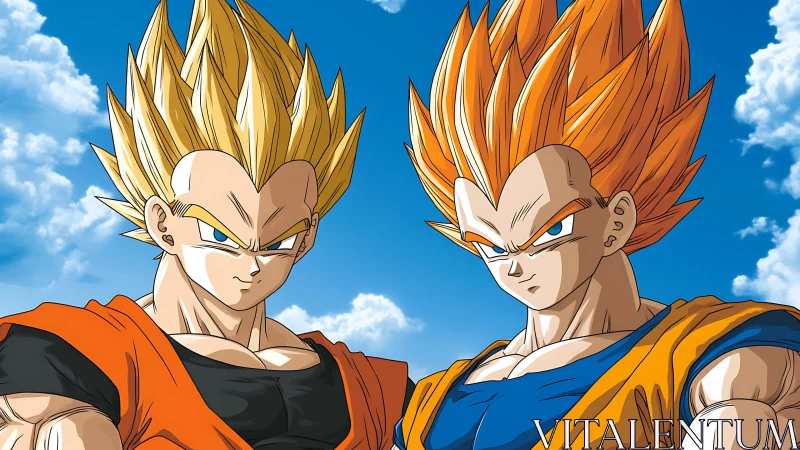 Two muscular anime figures with spiked hair against sky.