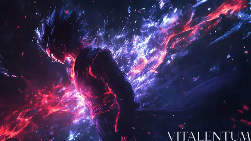 Cel-shaded anime warrior igniting dual red blue cosmic aura