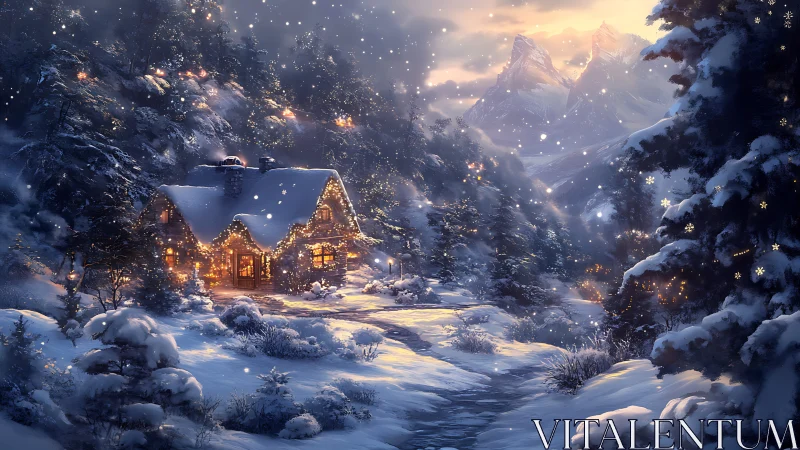 Snowy mountain cottage glows with warm festive lights at dusk.