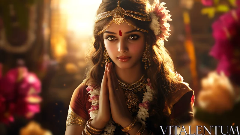Digital painting of devotional Indian woman in warm bokeh light.