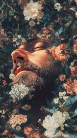 Male portrait immersed in dense florals uses painterly realism