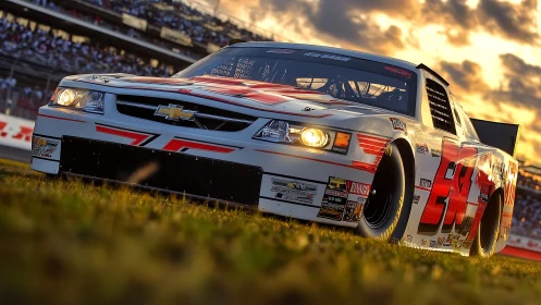 Stock car race vehicle moves along track at low angle view