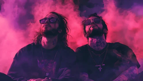 Neon backlit duo in magenta vapor with stylized cyber-noir grading