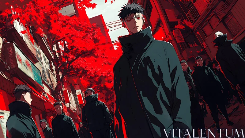 Urban anime figures under red trees in narrow alleyway.