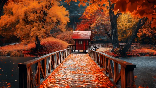 Wooden bridge leads to lakeside hut amid dense autumn foliage