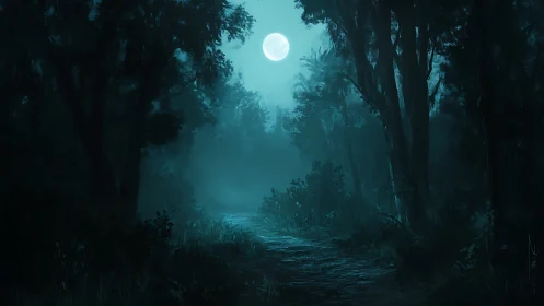 Digital illustration depicting moonlit forest corridor with silhouetted trees