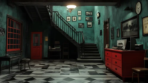 Dim hallway interior with teal walls and red furniture.