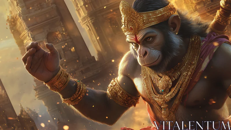 Majestic warrior monkey bathed in golden temple light.