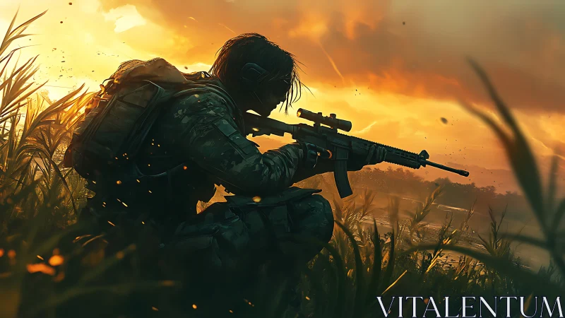 Sunset sniper crouched in blazing reeds of liquid fire.