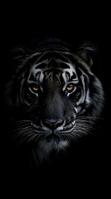 Midnight tiger gaze meeting the quiet of the dark.