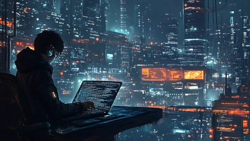 Solitary hacker codes above a neon-soaked cyberpunk megacity